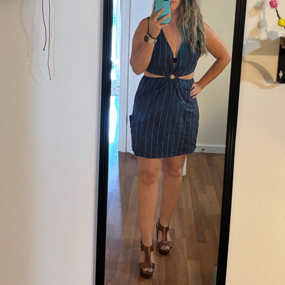 Lulus Navy Striped Linen Cutout O-Ring Mini Dress - Picture 5 of 5